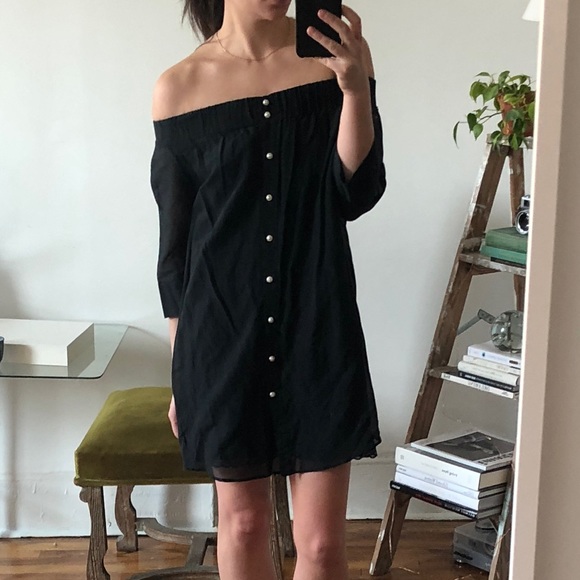 Antipodium Black Sheer Off the Shoulder 3/4 Sleeve Mini Dress w/ Pearl Buttons - Picture 4 of 16